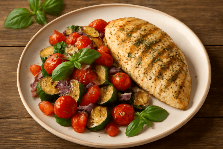 Grillowana pierś z kurczaka z warzywami śródziemnomorskimi