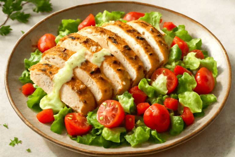 Κοτόπουλο στη σχάρα με πολύχρωμη σαλάτα & ντρέσινγκ γιαουρτιού