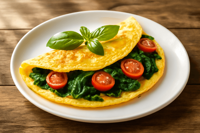 Klassisk proteinrik omelett med spenat och tomat