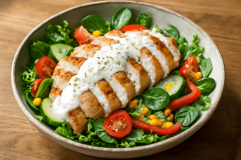 Χορταστική Κοτοσαλάτα με Λαχανικά και Ντρέσινγκ Γιαουρτιού