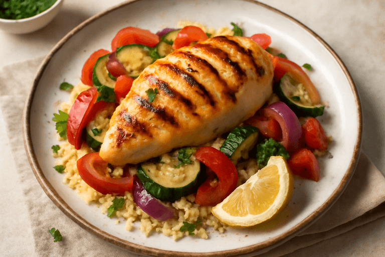 Grillowana pierś z kurczaka z warzywami i kaszą bulgur