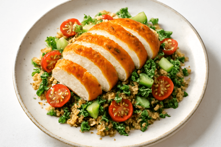 Τραγανό φιλέτο κοτόπουλου με σαλάτα κινόα & μυρωδικά