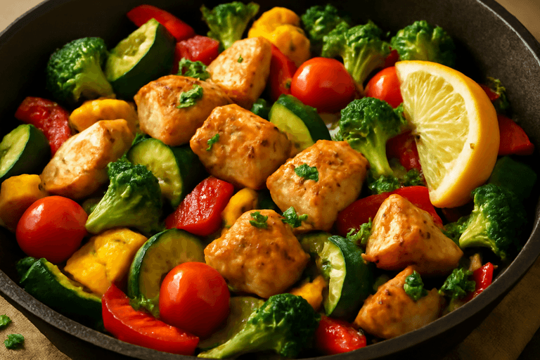 Leichte Hähnchen-Gemüsepfanne mit mediterranen Kräutern