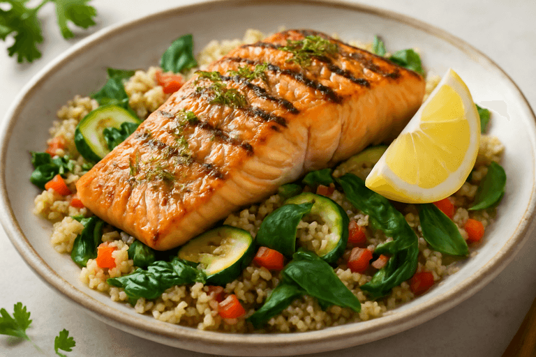 Gegrilltes Lachsfilet mit Quinoa-Gemüse-Bowl
