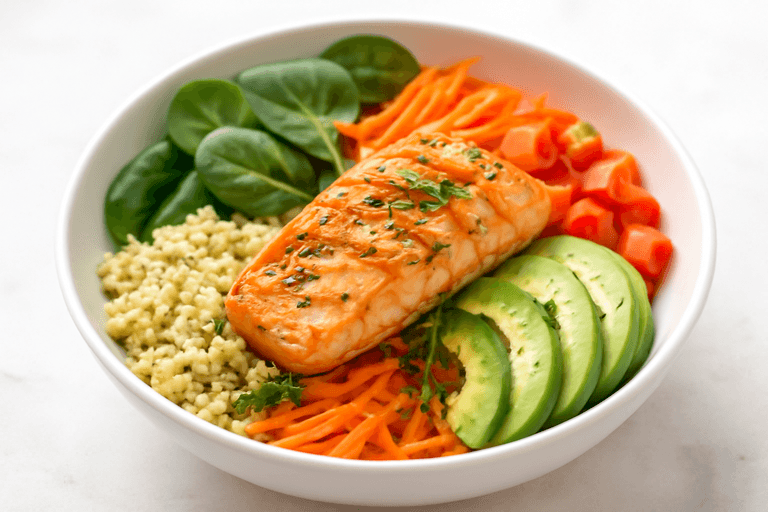 Gegrillter Lachs-Bowl mit Quinoa & buntem Gemüse