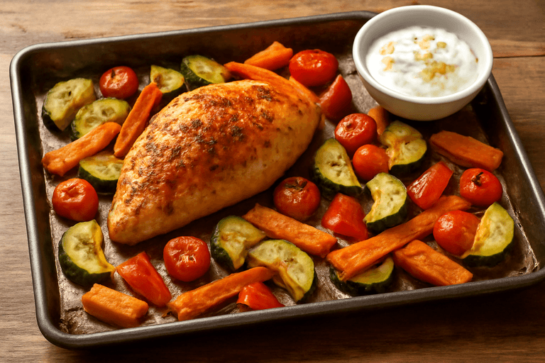 Ugnsbakad kycklingfilé med rostade grönsaker och citronyoghurt