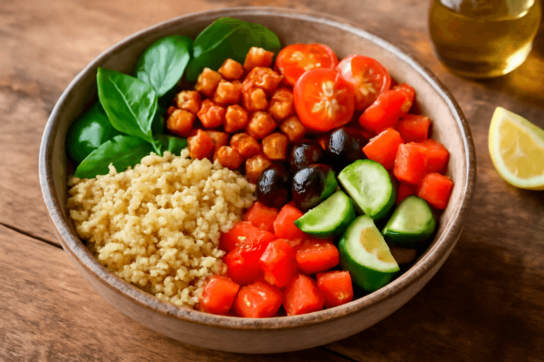 Bol de Quinoa Mediterráneo con Garbanzos Asados