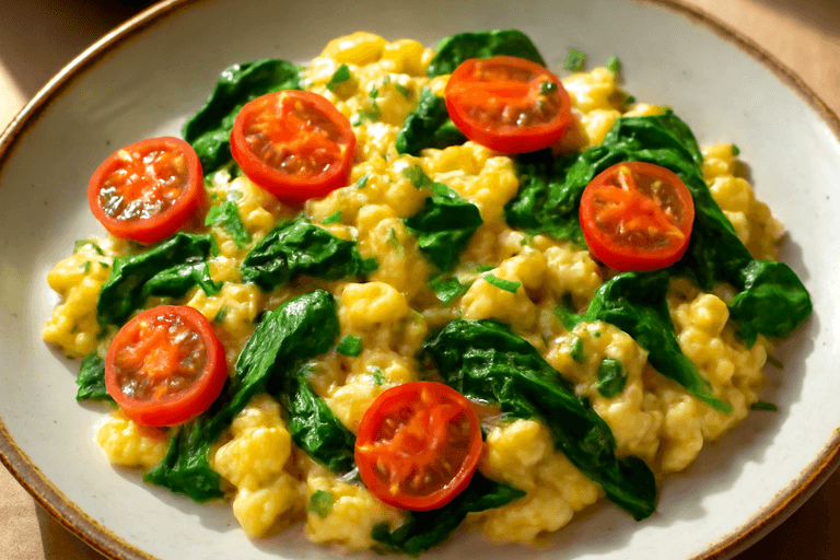 Proteinrik äggröra med spenat och tomater