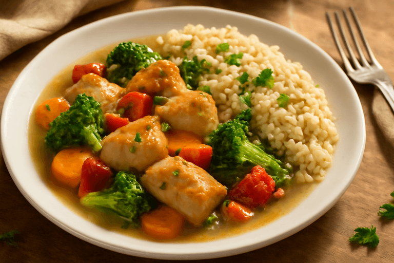 Lätt kycklinggryta med grönsaker och fullkornsris