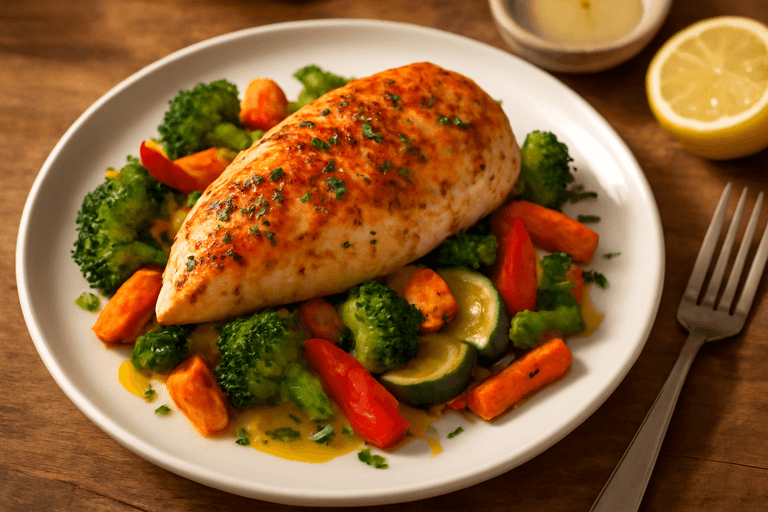 Kycklingfilé med ugnsbakade grönsaker & lätt citrondressing