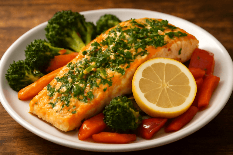 Ugnsbakad lax med färska örter och rostade grönsaker