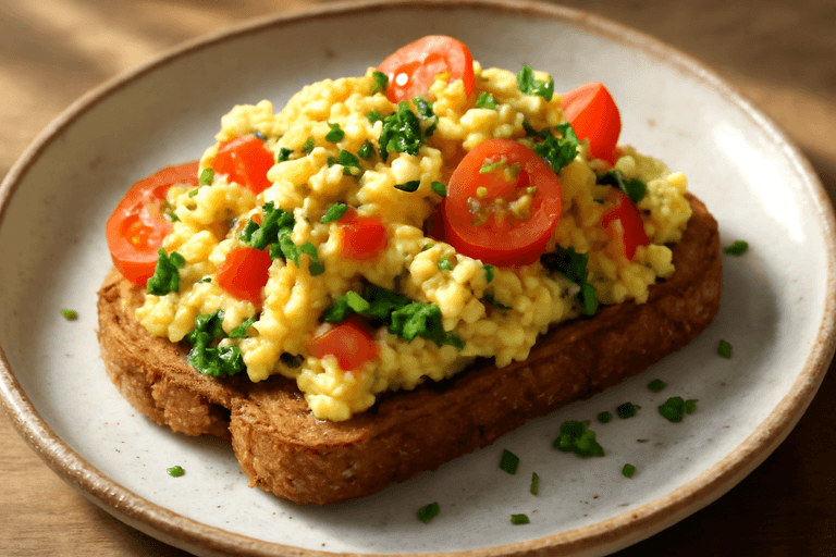Lekka jajecznica z warzywami na pełnoziarnistym toście
