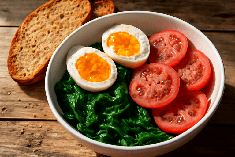 Śniadaniowa miska mocy z jajkiem, szpinakiem i pomidorem