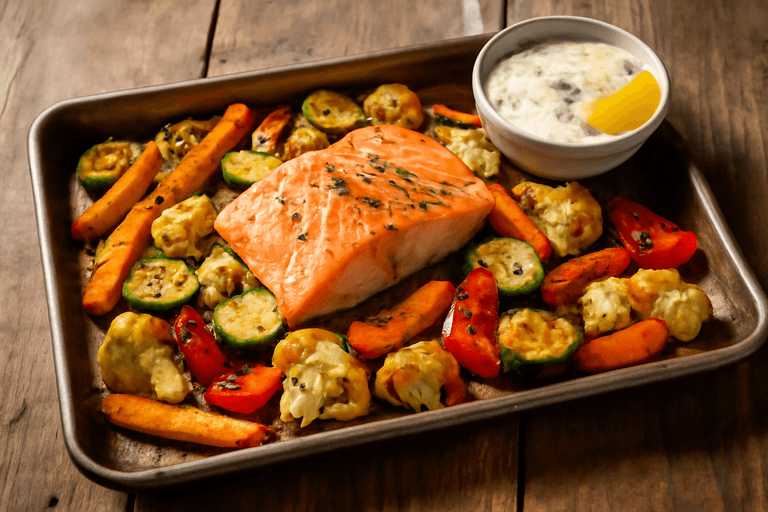 Laxfilé med rostade grönsaker och citronyoghurt