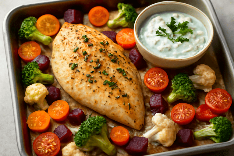 Ugnsbakad kycklingfilé med grönsaksmix och örtig yoghurtsås