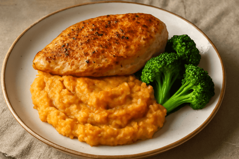 Herzhafte Hähnchenbrust mit Süßkartoffel-Kartoffel-Püree und Brokkoli