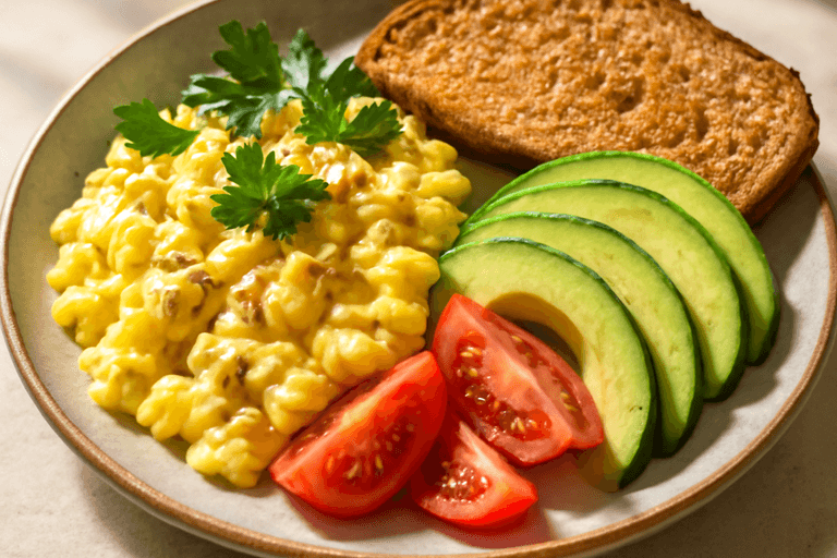 Power-Frühstücks-Rührei mit Hafer und Avocado