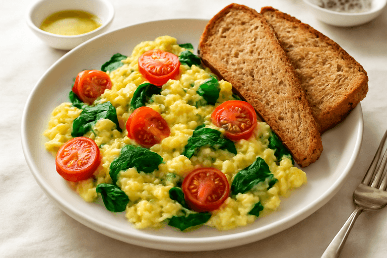 Proteinrik äggröra med spenat och tomat