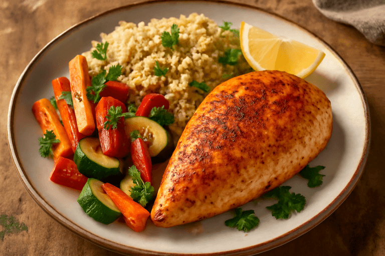 Kycklingfilé med rostade grönsaker och quinoa
