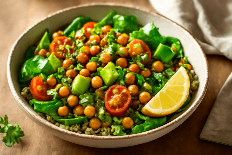 Ensalada templada de quinoa, garbanzos y espinacas