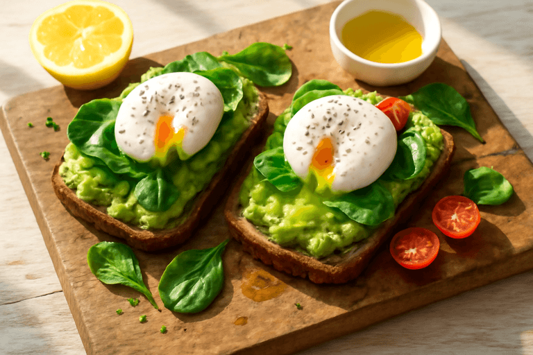 Tostadas Integrales con Aguacate, Huevo Pochado y Tomates Cherry