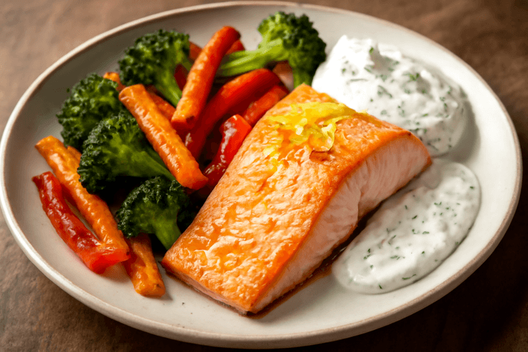 Laxfilé med ugnsrostade grönsaker och citronyoghurt