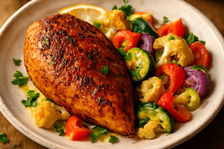 Kryddig kycklingfilé med ugnsbakad grönsaksmix