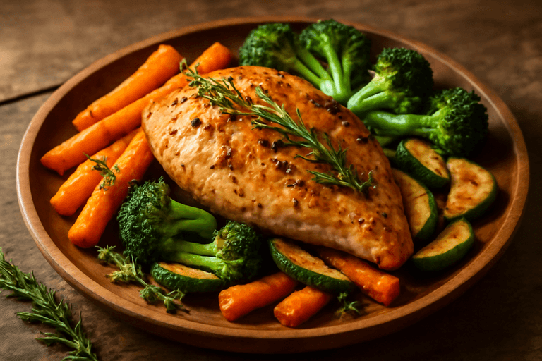 Poulet rôti aux herbes et légumes de saison