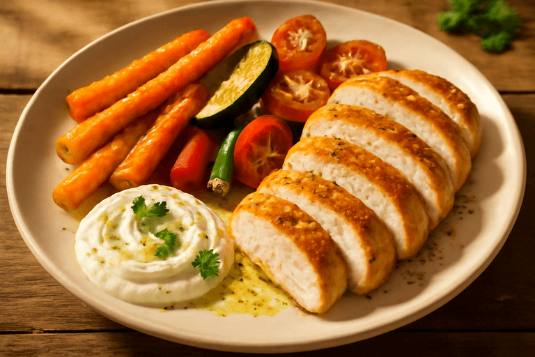 Kycklingfilé med rostade grönsaker & citron-yoghurtsås