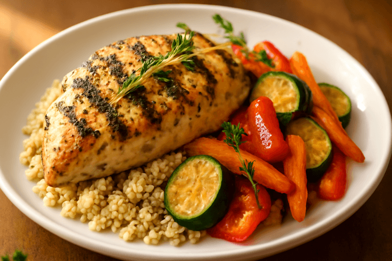 Poulet grillé aux herbes, légumes rôtis et quinoa léger