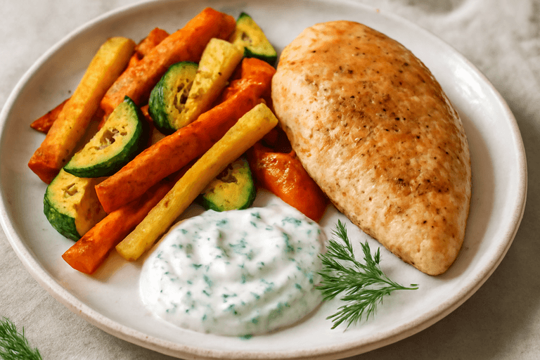 Lätt kycklingfilé med ugnsrostade grönsaker och yoghurt-dillsås