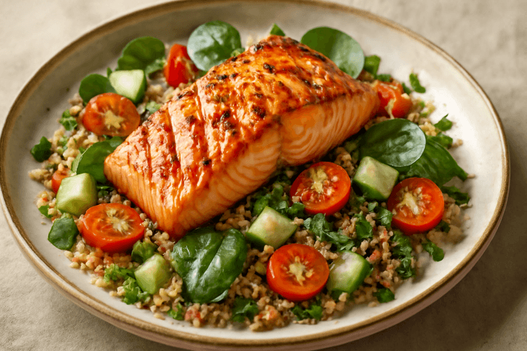 Salmón a la plancha con ensalada de quinoa y vegetales