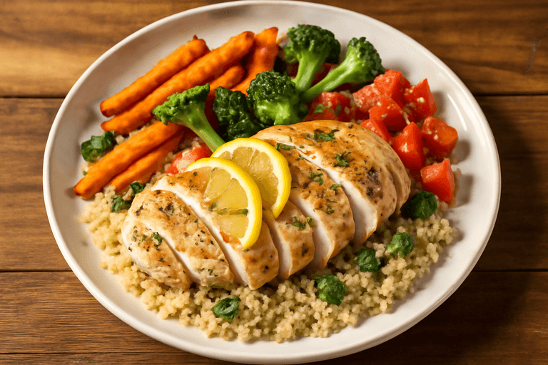 Kycklingfilé med rostade grönsaker och quinoa