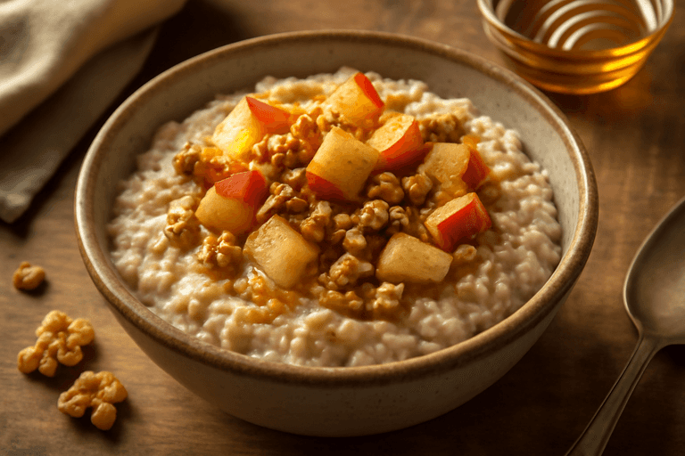 Lekka owsianka z jabłkiem, cynamonem i orzechami