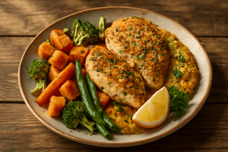 Kycklingfilé med Rostade Grönsaker och Linsröra