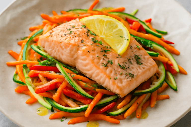 Pieczony łosoś z warzywami i koperkiem