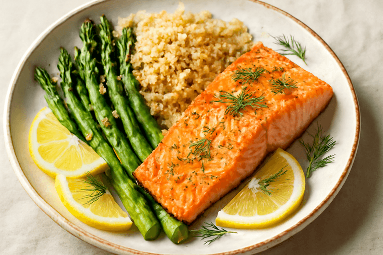 Ugnsbakad lax med sparris och quinoa
