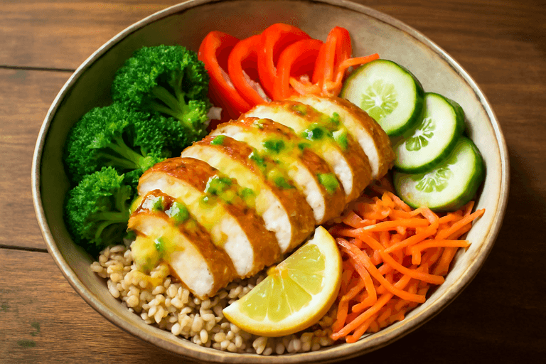 Knusprige Hähnchen-Gemüse-Bowl mit Zitronen-Dressing