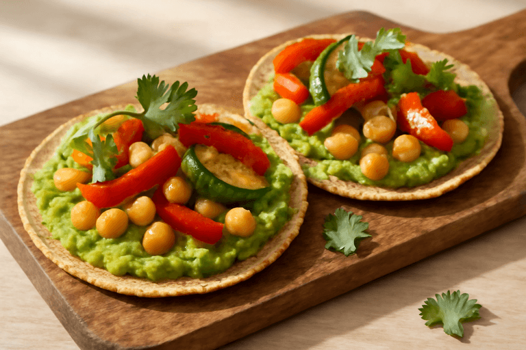 Tostadas Integrales de Aguacate y Garbanzos con Verduras Asadas