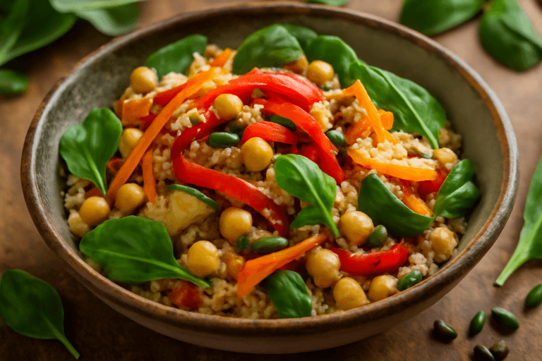 Ensalada tibia de quinoa y garbanzos con verduras asadas
