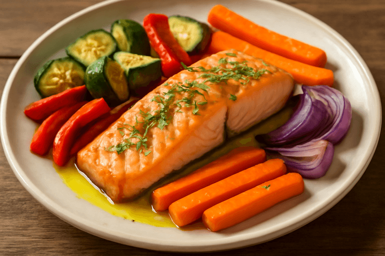 Pieczony łosoś z warzywami i sosem cytrynowym