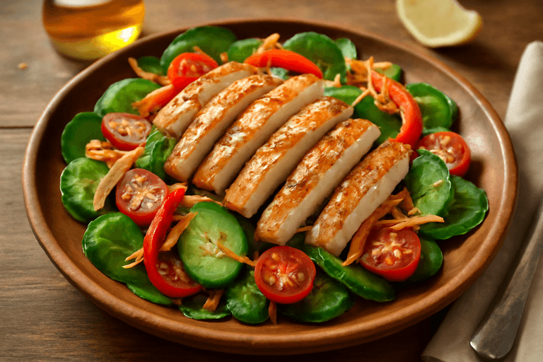 Ensalada templada de pollo con vegetales coloridos