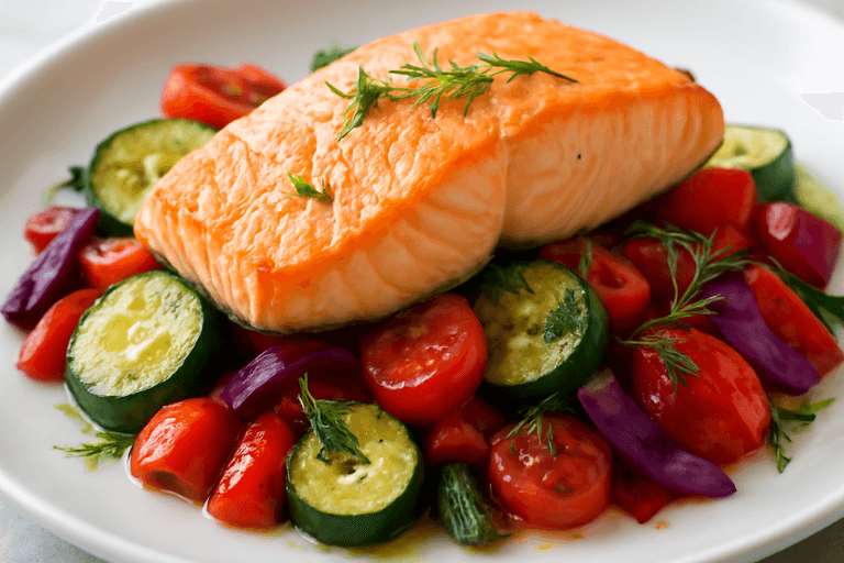 Lachsfilet auf mediterranem Gemüsebett