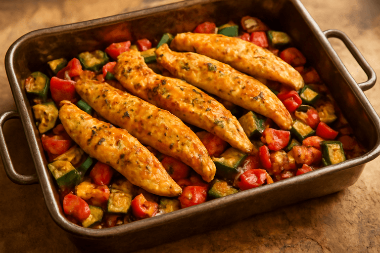 Pollo al horno con vegetales mediterráneos