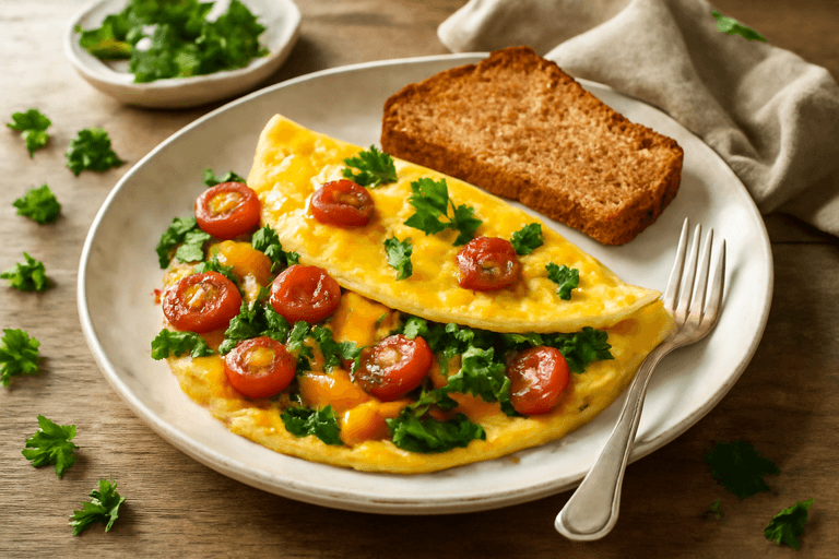 Яичный омлет с овощами и цельнозерновым тостом