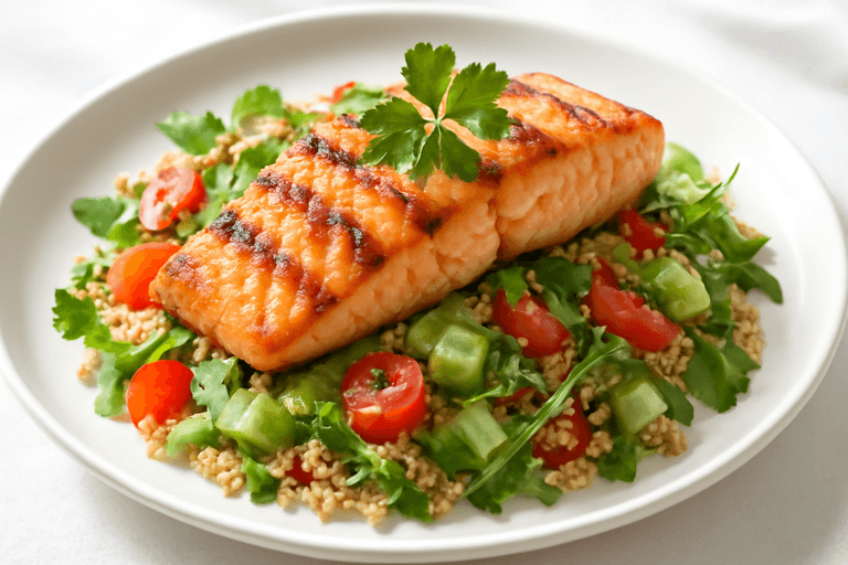Filetto di Salmone alla Griglia con Insalata di Quinoa e Verdure