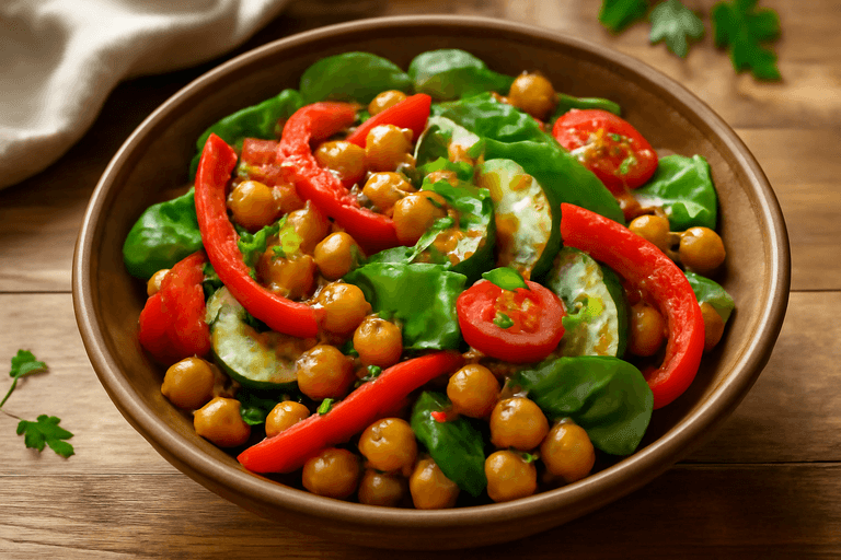 Ensalada templada de garbanzos y verduras al estilo mediterráneo