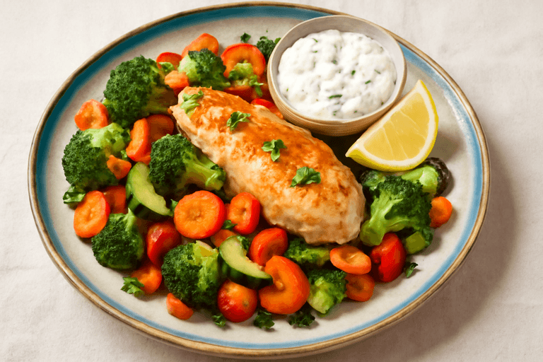 Hähnchen-Gemüse-Pfanne mit Quark-Dip