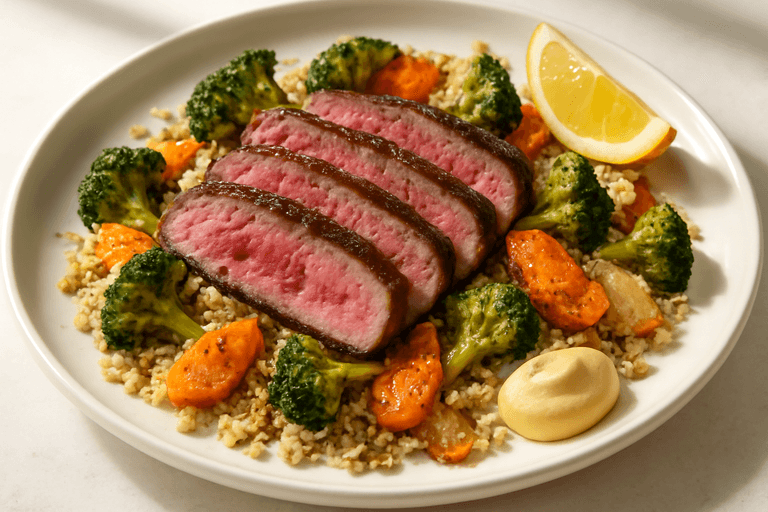 Herzhaftes Rindersteak mit Ofengemüse und Quinoa