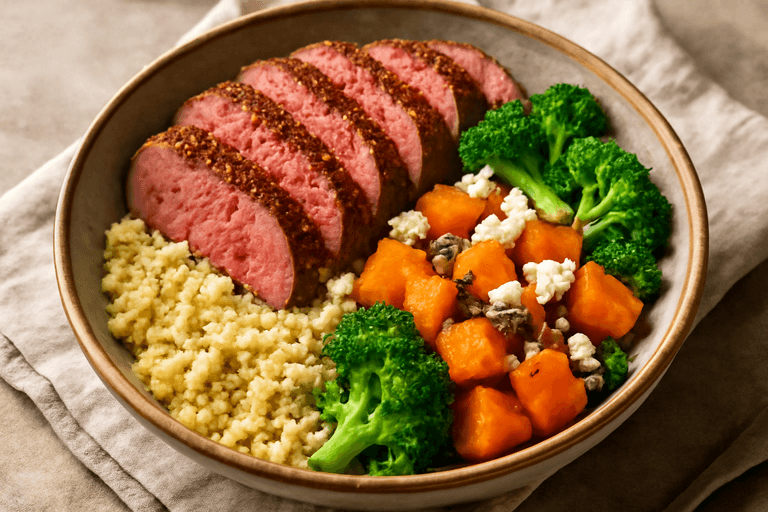 Herzhafter Rindersteak-Bowl mit Süßkartoffeln und Brokkoli